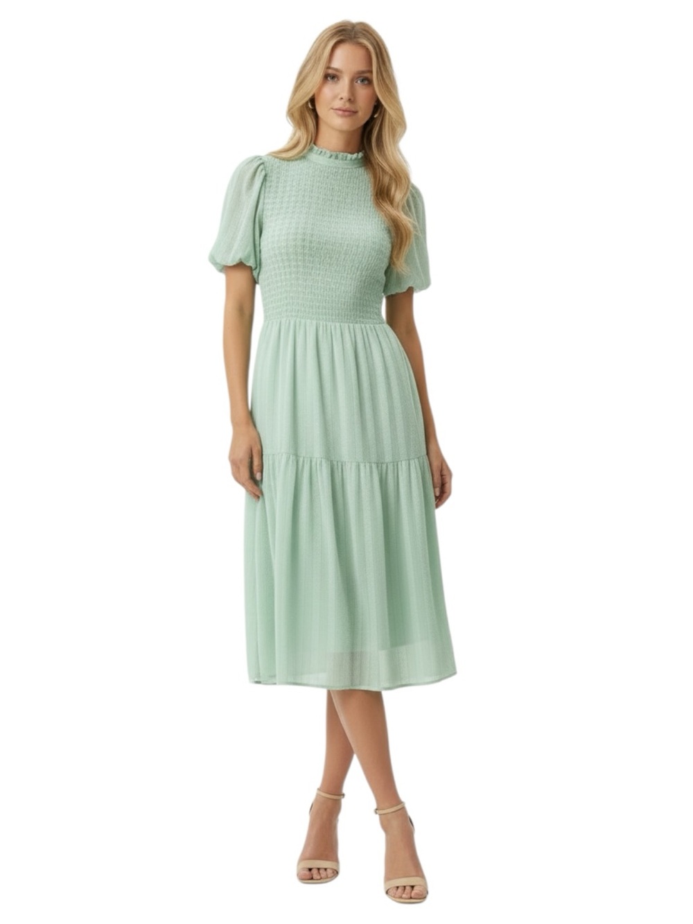 Pamela Love x RTR Smocked Midi Dress Mint Green Size XS Puff Short Sleeve